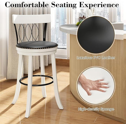 COSTWAY Bar Stools Set of 2, 30” Seat Height Swivel Barstools with Ergonomic Backrest, Soft Cushion & Footrest, Rubber Wood Bar Height Bar Chairs Upholstered Dining Chairs for Kitchen Island