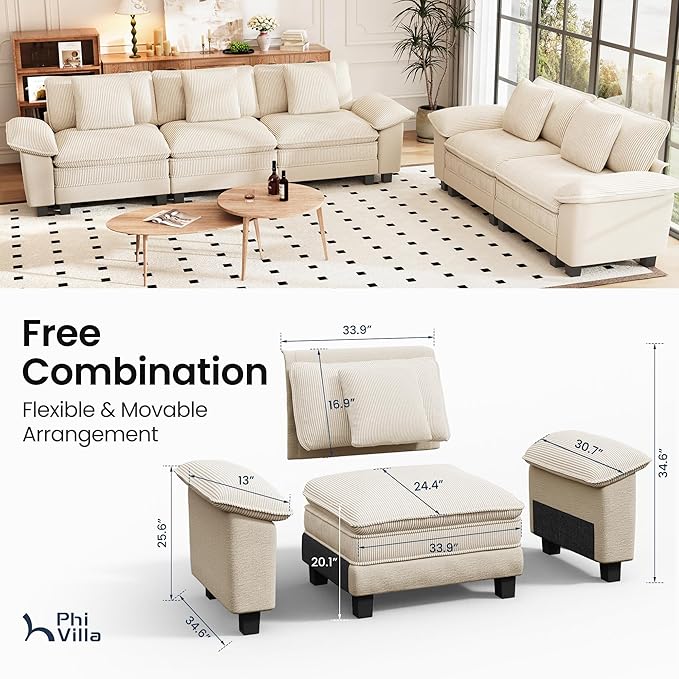 PHI VILLA Cloud Modular Couches Sets, 2 Pieces Sectional Sofa Set with Loveseat, 5-Seater Upholstered Couch for Living Room Small Spaces, Chenille Corduroy Dual Fabric, Beige