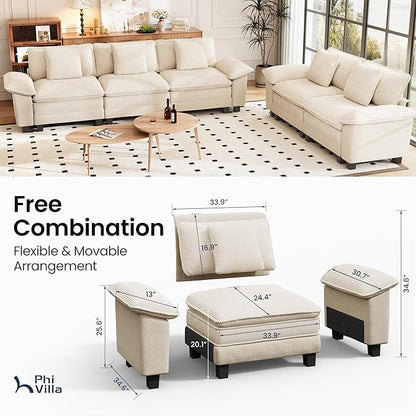 PHI VILLA Cloud Modular Couches Sets, 2 Pieces Sectional Sofa Set with Loveseat, 5-Seater Upholstered Couch for Living Room Small Spaces, Chenille Corduroy Dual Fabric, Beige