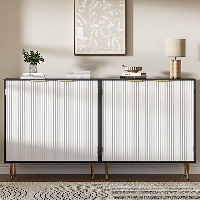 Buffet Sideboard Cabinet [Set of 2] with 4 Doors, Modern Cabinet with with Adjustable Shelf, Golden Handles & Legs, Coffee Bar Sideboard for Kitchen, Living Room, Black & White