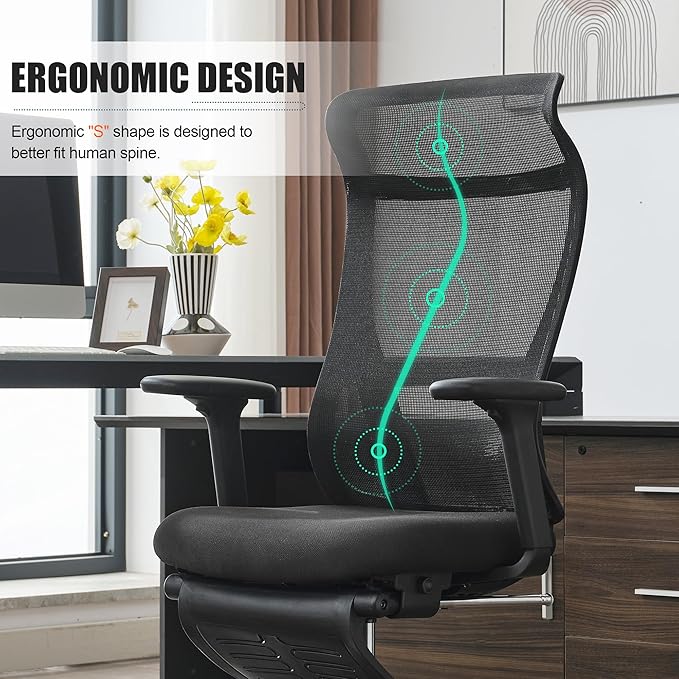 Okeysen High Back Ergonomic Mesh Office Chair, Adjustable Swivel Computer Desk Chair with Padded Seat, Armrests, and S-Shaped Lumbar Support for Home Office