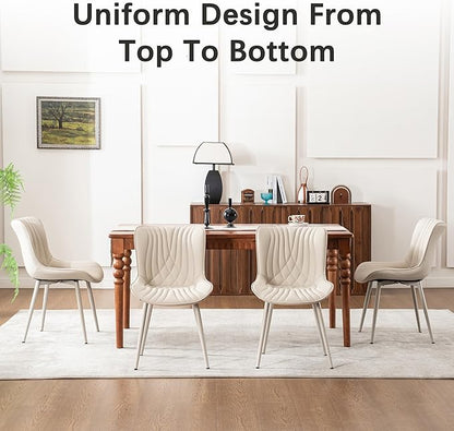 YOUTASTE Cream Dining Chairs Set of 2, Mid Century Modern Comfy Kitchen Chair, Upholstered Faux Leather, Cream Metal Legs, Armless Accent Chairs for Bedroom Vanity Lounge
