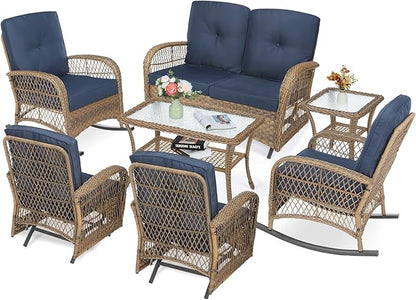VIVIJASON 7-Piece Outdoor Patio Wicker Conversation Sets, All Weather Outdoor Rattan Furniture Set Includes Glider Loveseat, 2 Rocking Chairs, 2 Glider Rocker Chairs, 2 Coffee Table, Navy Blue