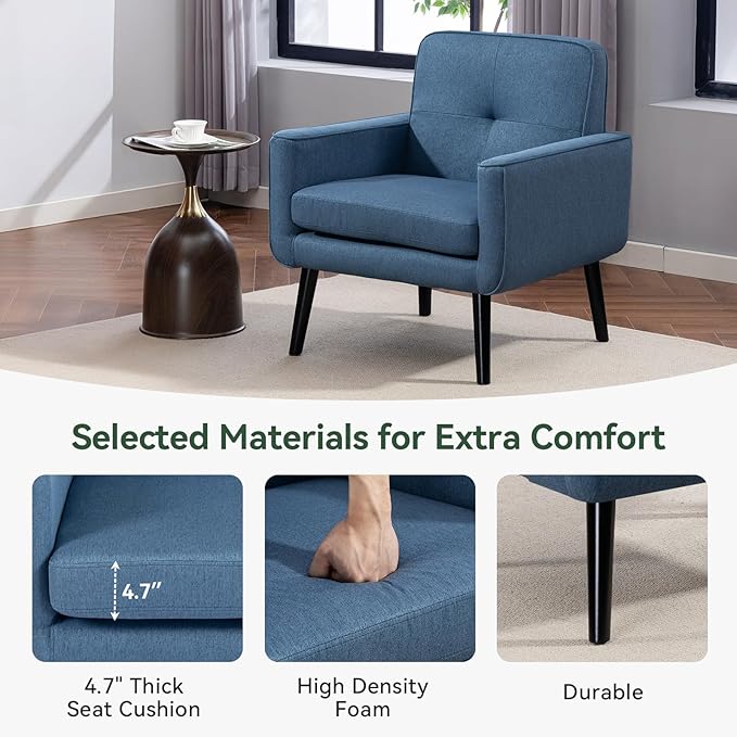 Accent Chair Set of 2, Fabric Modern Chair with Wooden Frame, Cozy Armchair Reading Chair with Comfy Back for Apartment, Living Room, Bedroom, Waiting Room, Small Space, Corner, Blue