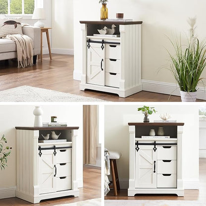 Bathroom Floor Cabinet, Farmhouse Storage Cabinet with Sliding Barn Door, Small Storage Cabinet with Drawer for Bathroom, Kitchen, Living Room, Rustic Style (Antique White)