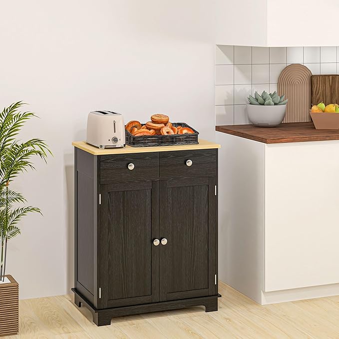 HOMCOM Sideboard with Solid Wood Countertop, Modern Kitchen Storage Cabinet, Coffee Bar Cabinet with 2 Drawers, Doors and Adjustable Shelf, Distressed Black