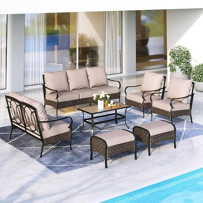 MFSTUDIO Outdoor Patio Furniture Set, 7 PCS Metal Patio Conversation Sets for 9, Patio Sectional Set with High Back 3-Seat Sofa, Loveseat, 2 Fixed Sofa Chairs, 2 Ottoman, 1 Coffee Table