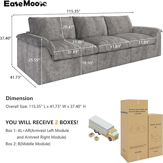 EASE MOOSE Oversized Boneless Couch for Living Room, Sectional Cloud Sofa, Modular Cloud Couch, 3-Seater Deep Seat Sofas with Pillow for Bedroom, Apartment, No Assembly Required, Chenille (Grey)
