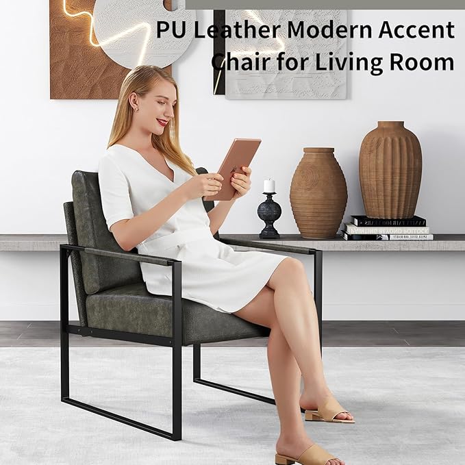 CANMOV Mid Century Modern Accent Chair, PU Leather Armchair with Metal Frame,Comfy Single Reading Chair with Soft Padded Backrest and Cushion for Living Room, Bedroom,Reading Room,Office,Dark Grey