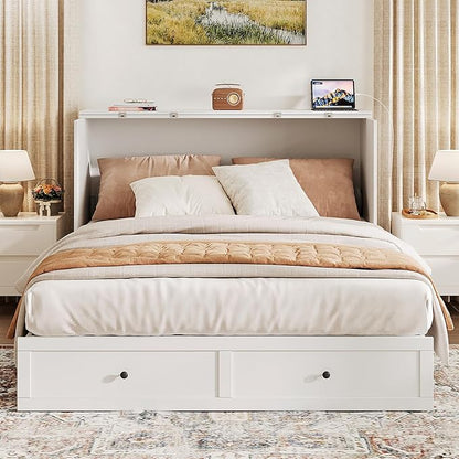 Queen Murphy Bed with Storage & Charging Station, Murphy Cabinet with Foldable Panel, Noisy Free, for Guest Bedroom, Living Room, Office, Distressed White