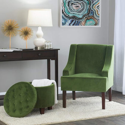 Mid Century Modern Accent Chair Wingback Living Room Chair Comfy Upholstered Scooped Armchair Fabric Side Chair with Wood Legs for Small Space, Bedroom, Apartment, Office, Waiting Room (Green)