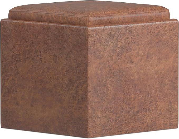 SIMPLIHOME Rockwood 18 inch Wide Contemporary Square Cube Storage Ottoman with Tray in Distressed Saddle Brown Vegan Faux Leather, Assembled, For the Living Room, Entryway and Family Room