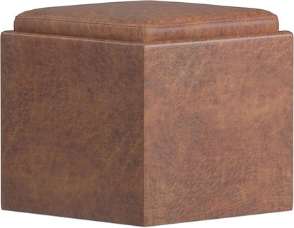 SIMPLIHOME Rockwood 18 inch Wide Contemporary Square Cube Storage Ottoman with Tray in Distressed Saddle Brown Vegan Faux Leather, Assembled, For the Living Room, Entryway and Family Room