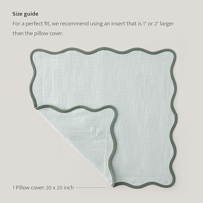 Double Stitch Scalloped Throw Pillow Covers - 100% Cotton Decorative Boho Pillow Covers 20 x 20inch, Made in India, Square Cushion Case, Modern Home Decor for Couch Sofa Living Room, Aqua Mint