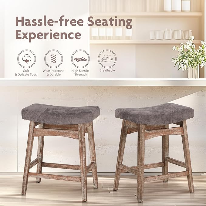 ALPHA HOME Bar Stools Set of 3, Solid Wood Saddle Kitchen Stools with Grey Linen Fabric Cushion Counter Height Barstools, 24 Inch, Grey, 3PCS