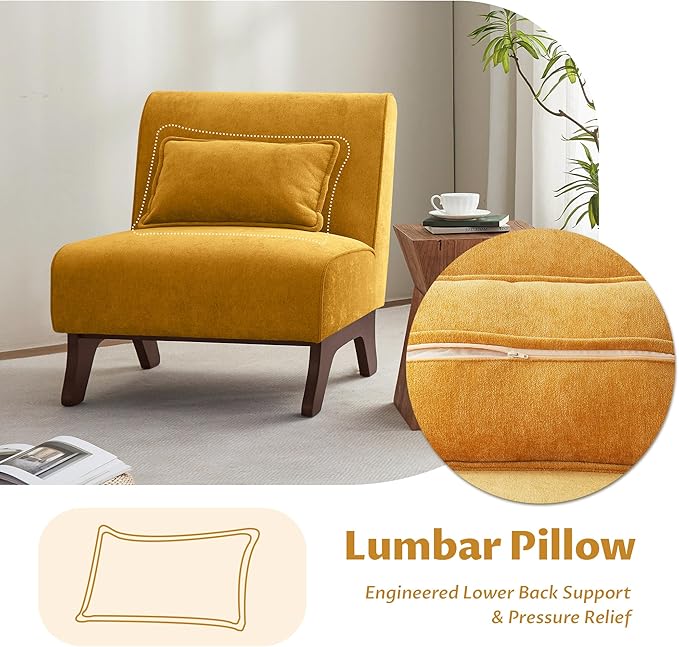 Set of 2 Upholstered Armless Accent Chair,Modern Comfy Living Room Chairs with Wooden Legs& Pillows,Lounge Sofa Side Chair for Bedroom Farmhouse Reading (Yellow, 2 PCS)