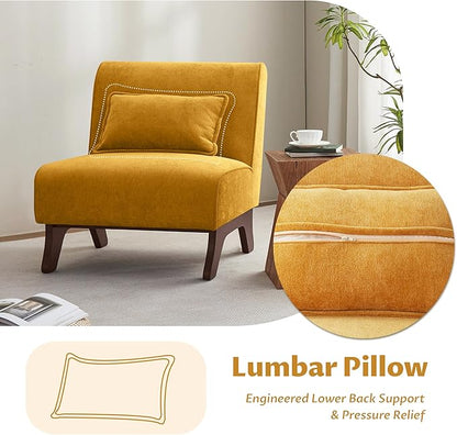 Set of 2 Upholstered Armless Accent Chair,Modern Comfy Living Room Chairs with Wooden Legs& Pillows,Lounge Sofa Side Chair for Bedroom Farmhouse Reading (Yellow, 2 PCS)