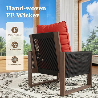 Patio Chairs 3 Piece Wood Patio Furniture with Coffee Table & Cushions, PE Wicker Outdoor Conversation Set Balcony Chairs for Garden, Porch, Deck, Backyard