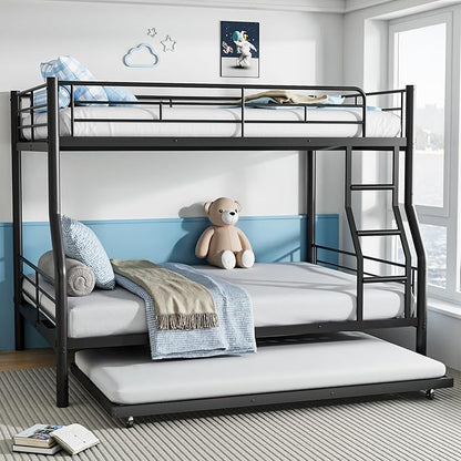 Full XL Over Queen Bunk Bed with Trundle, Heavy-Duty Metal Bunk Bed w/Full-Length Guardrail & EVA Padded Ladder, Convertible to 3 Separate Beds for Adults, Teens, Noise-Free, Black