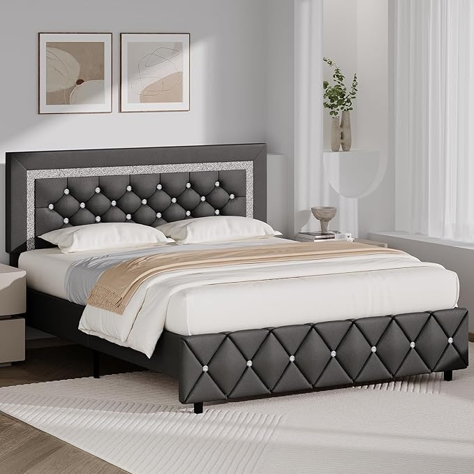 BarnFurin Queen Bed Frame with Diamond Tufted Headboard, Faux Leather Upholstered Bed with Wooden Slats Support, No Box Spring Needed, Mattress Foundation, Easy Assembly, Grey