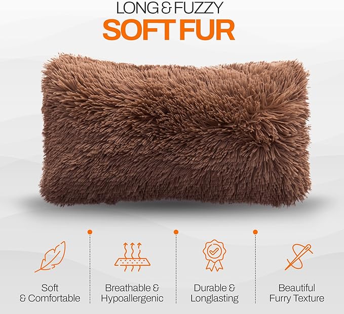 Cheer Collection Throw Pillows for Couch and Bed, Soft Shaggy Throw Pillows with Inserts Included, Cozy Long Hair Faux Fur Pillows - Set of 2-12" x 20" - Chocolate