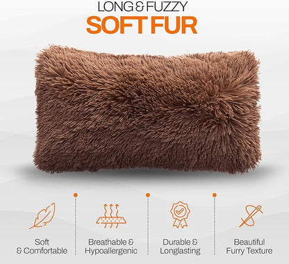 Cheer Collection Throw Pillows for Couch and Bed, Soft Shaggy Throw Pillows with Inserts Included, Cozy Long Hair Faux Fur Pillows - Set of 2-12" x 20" - Chocolate
