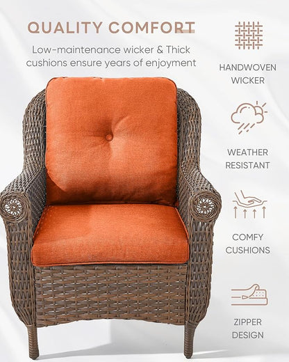 3 Piece Patio Brown Wicker Chairs with Side Table - Outdoor High Back Heavy Duty All-Weather Lawn Dining Rattan Chair Conversation Bistro Set for Deck Porch Balcony Backyard Garden - Orange