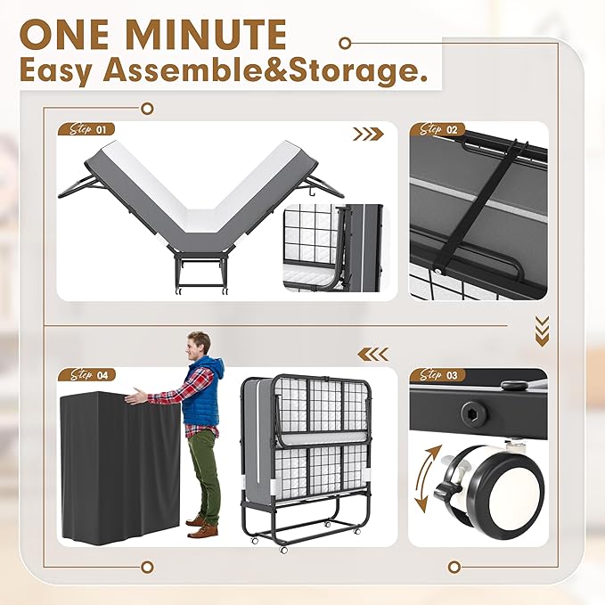 Superday Folding Bed with Mattress, 75" x 31" Folded Bed, Roll Away Beds with Mattresses for Adults, Portable Roll Away Guest Beds for Easy Storage, Space-Saving Sturdy Metal Frame