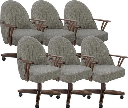 Chromcraft Set of 6 Swivel Tilt Chairs, Luxe Wooden Arm All-Metal Pedestal Base Chairs with Wheels for Kitchen