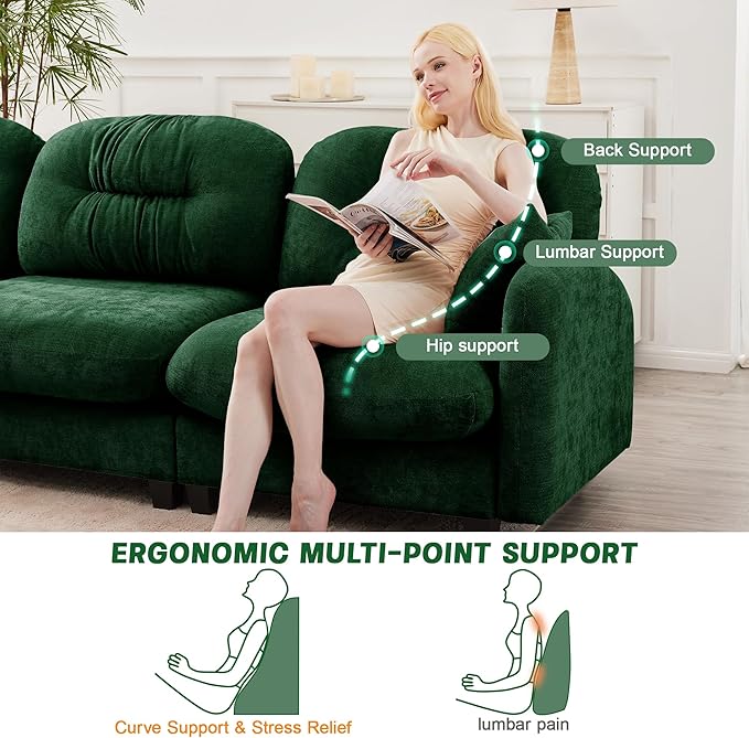 107" Sofas for Living Room, Comfy Chenille Fabric Cloud Sectional Couch, Modern Upholstered Deep Seat Sofa with Armrest Pillow, 3 Seater Couch for Small Spaces Apartment, Green