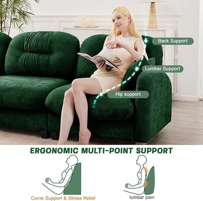 74" Loveseat L Shaped Sofa with Ottoman, Comfy Chenille Fabric Cloud Sectional Couch, Modern Upholstered Deep Seat Sofa with Armrest Pillow, Cloud Couch for Small Spaces Apartment, Green