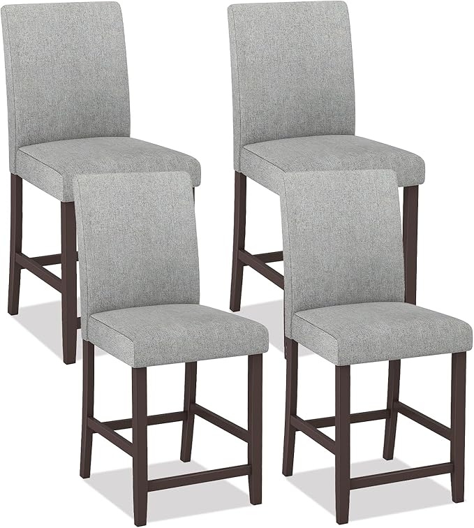 COSTWAY Counter Height Bar Stools Set of 4, 24'' Upholstered Mid Century Modern Island Chairs with Rubber Wood Legs, Wooden Barstools for Kitchen, Dining Room, Bar, Restaurant (Light Grey)