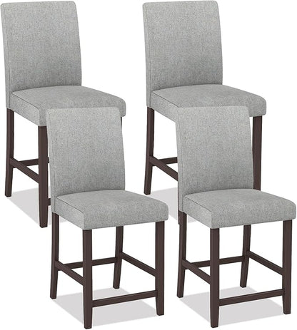 COSTWAY Counter Height Bar Stools Set of 4, 24'' Upholstered Mid Century Modern Island Chairs with Rubber Wood Legs, Wooden Barstools for Kitchen, Dining Room, Bar, Restaurant (Light Grey)