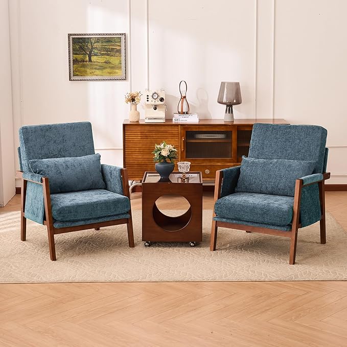 Accent Chair Mid-Century Modern with Lumbar Support Pillow, Upholstered Living Room Chairs with Wooden, Chenille Armchair with Cushion, Anthropologie Side Chair for Bedroom, Navy