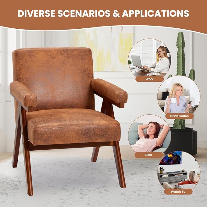 MELLCOM Mid-Century Modern Accent Leather Chair, Comfy Accent Chair with Solid Wood Frame,Upholstered Lounge Arm Chairs with Plump Cushion,Easy Assembly Reading Chair for Living Room,Bedroom,Brown
