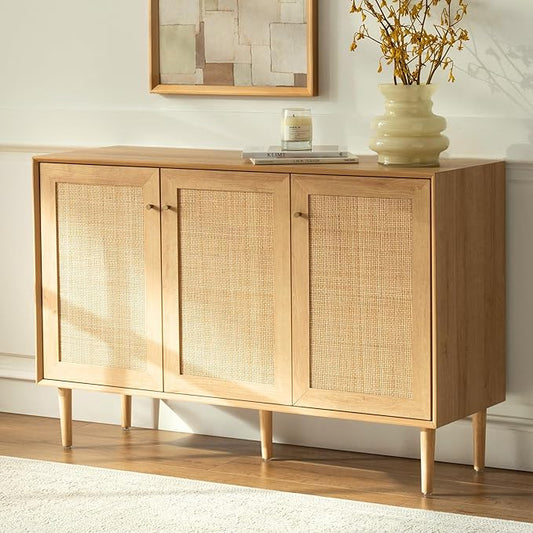 Rattan Storage Cabinet with 3 Doors, Boho Sideboard Buffet Cabinet Solid Wood Farmhouse Credenza Cabinet with Adjustable Shelves for Living Room Kitchen Entryway Hallway, Natural Oak