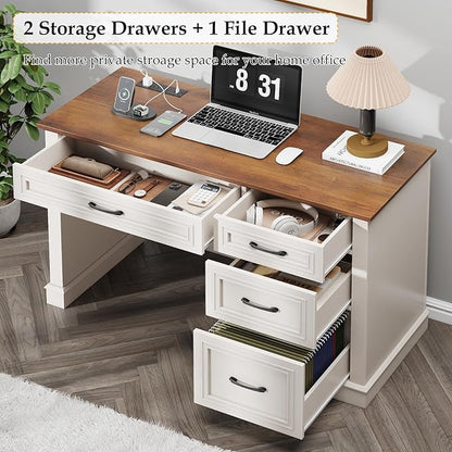 Farmhouse 47" Executive Desk, Computer Desk with Drawers and File Drawer, Workstation Computer Desk with Charging Station for Home Office,Study,（Unique White）
