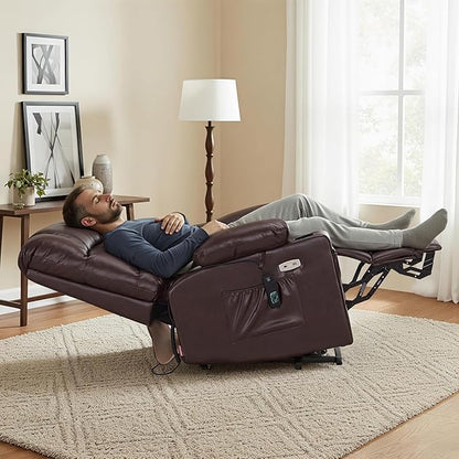 MCombo Large Dual Motor Power Lift Recliner Chair for Elderly, Massage and Heat, Lay Flat, Zero Gravity, Home Button, USB Port, Faux Leather 7680 (Dark Brown, Large)