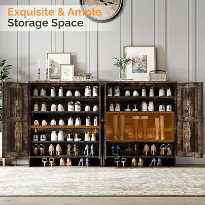 VINGLI Shoe Cabinet with Doors,5 Tier Dark Rustic Oak Wooden Shoe Storage Cabinet for Entryway with Double Barn Doors, Adjustable Shelves, 36.4" Tall Farmhouse Shoe Rack Organizer for Entryway
