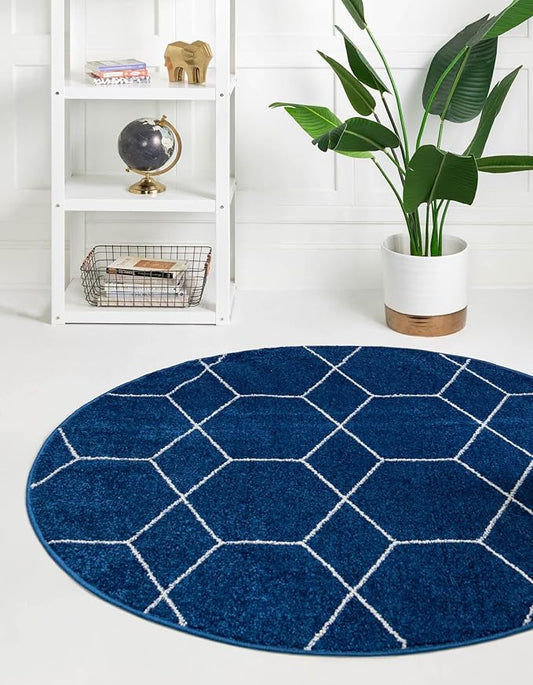 Unique Loom Trellis Frieze Collection Area Rug - Geometric (3' Round, Navy Blue/ Ivory)