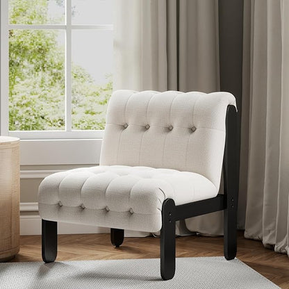 HEAH-YO Accent Chair Set of 1,Modern Vintage Living Room Chair for Bedroom with Button Tufted Back and Wood Legs,Upholstered Comfy Reading Chair for Makeup Vanity Cafe,Linen Beige