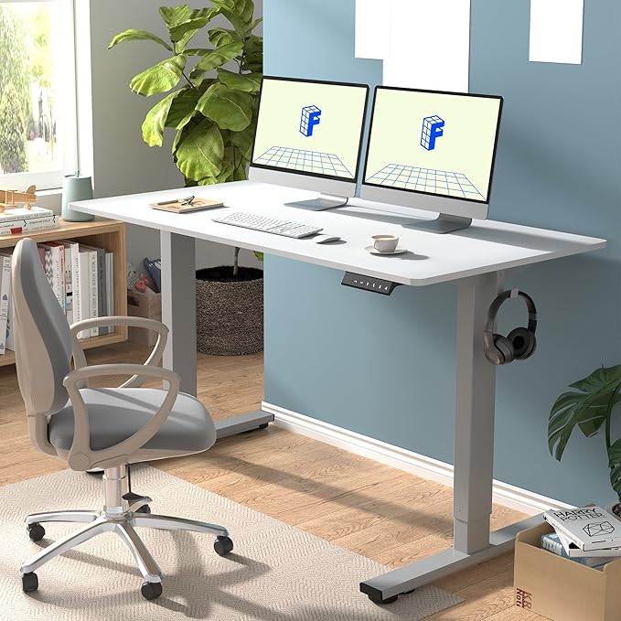 FLEXISPOT EN1 One-Piece Standing Desk, 55 x 28 Inches Stand Up Desk Workstation with Seamless Desktop Board (Silver Frame + 55 inches White Top, 2 Packages)