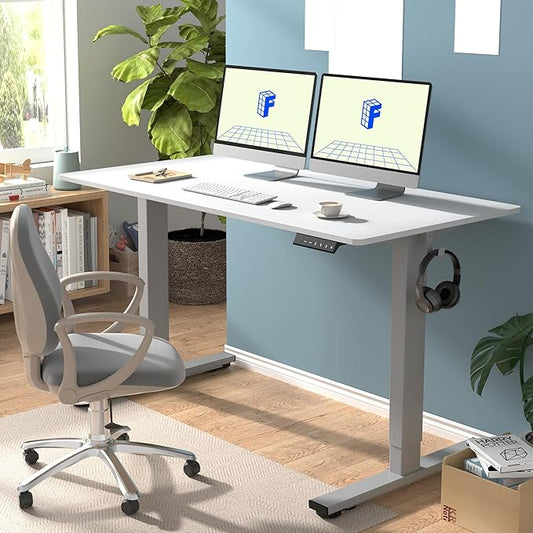 FLEXISPOT EN1 One-Piece Standing Desk, 55 x 28 Inches Stand Up Desk Workstation with Seamless Desktop Board (Silver Frame + 55 inches White Top, 2 Packages)