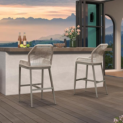PURPLE LEAF 4 Pieces Bar Stools Patio Modern Rattan Barstools Aluminum Woven Tall Bar Chairs with Cushions for Outdoor Kitchen Island Garden
