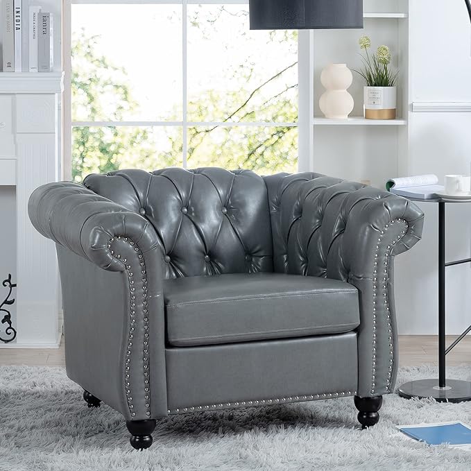Accent Sofa Chair for Living Room, Modern PU Leather Upholstered Armchair, Oversized Comfy Single Sofa Chair with Cushion, Mid Century Tufted Chesterfield Sofa Couch for Bedroom, Apartment (Grey)