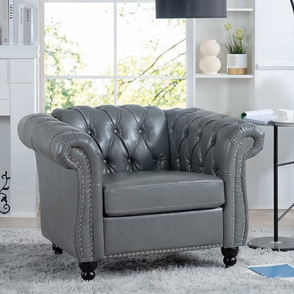 Accent Sofa Chair for Living Room, Modern PU Leather Upholstered Armchair, Oversized Comfy Single Sofa Chair with Cushion, Mid Century Tufted Chesterfield Sofa Couch for Bedroom, Apartment (Grey)