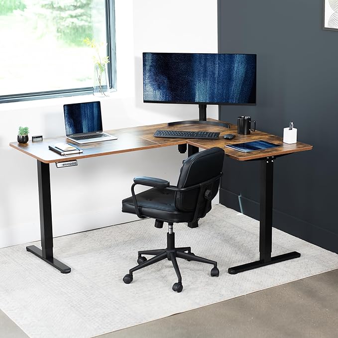 VIVO Corner Standing Desk, 63 x 47 inch Reversible L-Shaped Workstation, Electric Height Adjustment, Home, Office, and Reception Rooms, Rustic Vintage Brown Table Top Black Frame, DESK-E3CTN-47