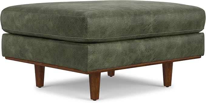 SIMPLIHOME Morrison 33 inch Wide Ottoman in Moss Green Genuine Leather, Multifunctional Footrest, Coffee Table, and Extra Seating for Living Room, Mid-Century Modern Style