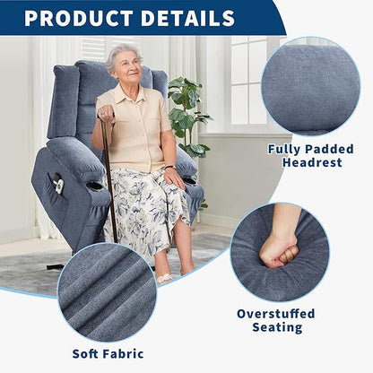Large Power Lift Recliner Chair for Elderly Overstuffed Wide Electric Lift Chair with Heat and Massage for Big and Tall Adults Reclining Sofa Chair with 2 Cup Holders, Side Pocket, USB Port, Blue