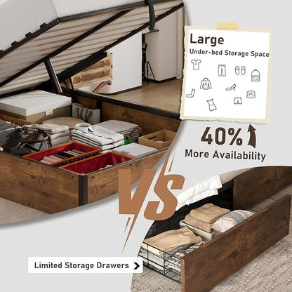 Lift Up Storage Bed Frame, Full Size Wooden Platform Bed with Large Storage Underneath, No Box Spring Needed, Noise Free, Rustic Brown